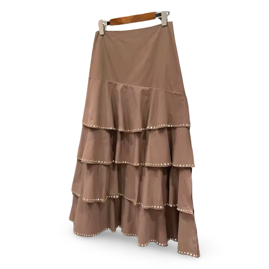 Mocha Taupe Rhinestone Trim Sleeveless Top & Ruffled Tiered Midi Skirt | Matching Co-Ord |  Editors Pick