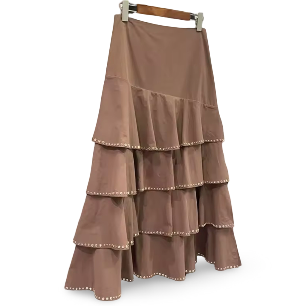 Mocha Taupe Rhinestone Trim Sleeveless Top & Ruffled Tiered Midi Skirt | Matching Co-Ord |  Editors Pick