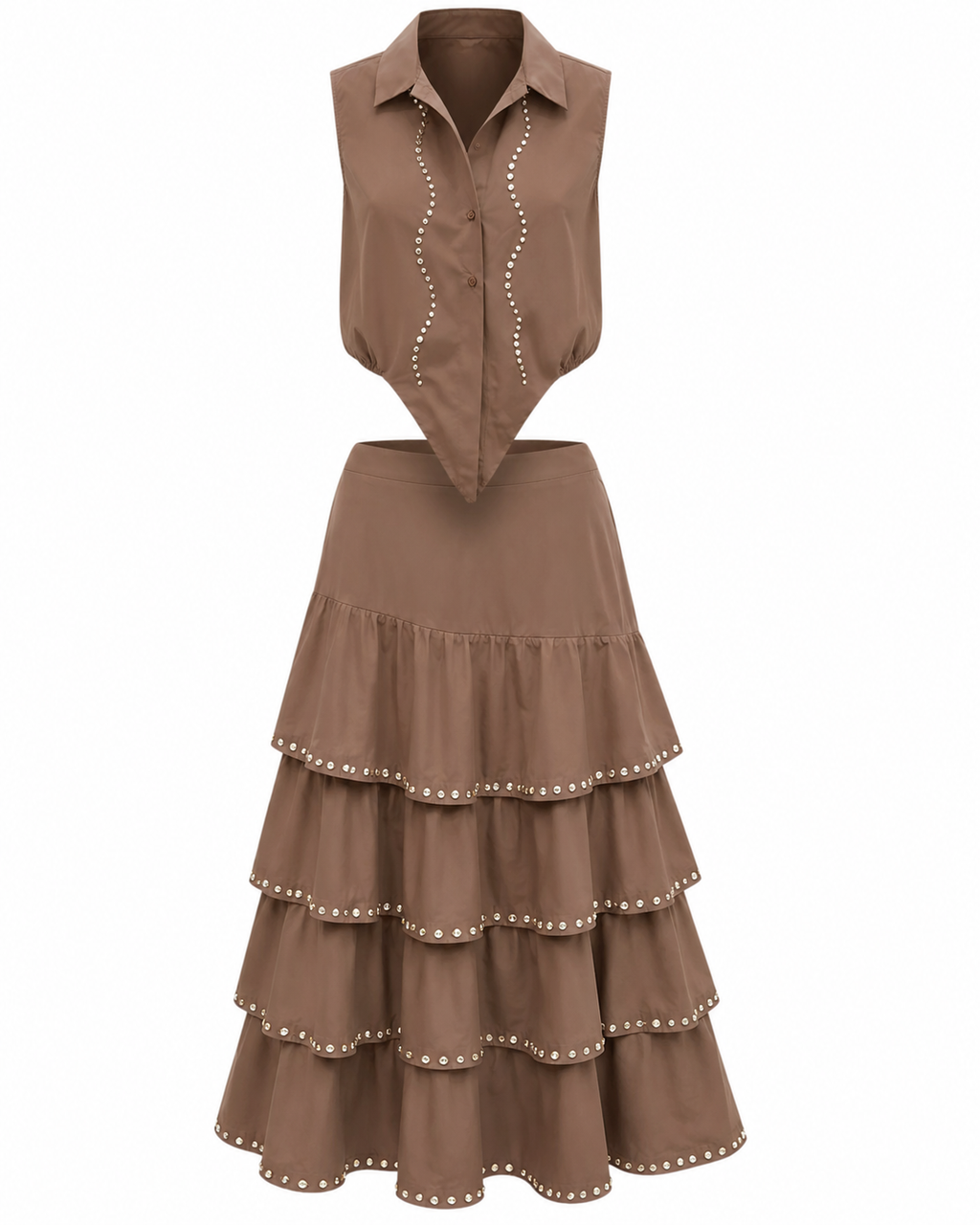 Mocha Taupe Rhinestone Trim Sleeveless Top & Ruffled Tiered Midi Skirt | Matching Co-Ord |  Editors Pick