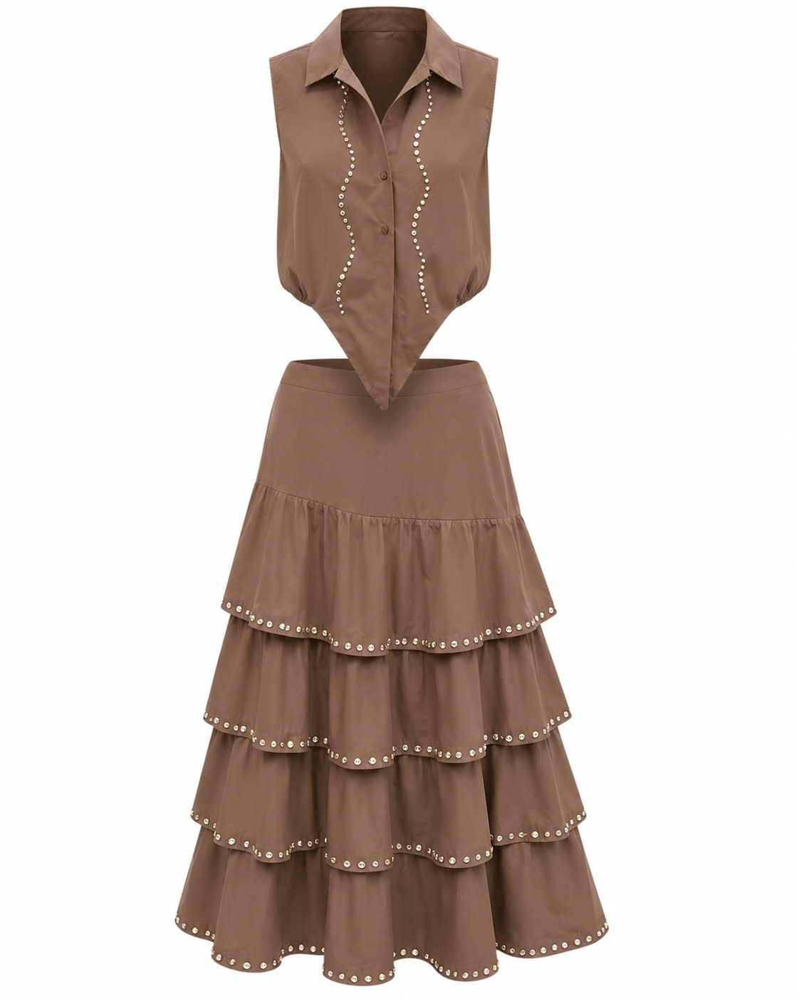 Mocha Taupe Rhinestone Trim Sleeveless Top & Ruffled Tiered Midi Skirt | Matching Co-Ord |  Editors Pick