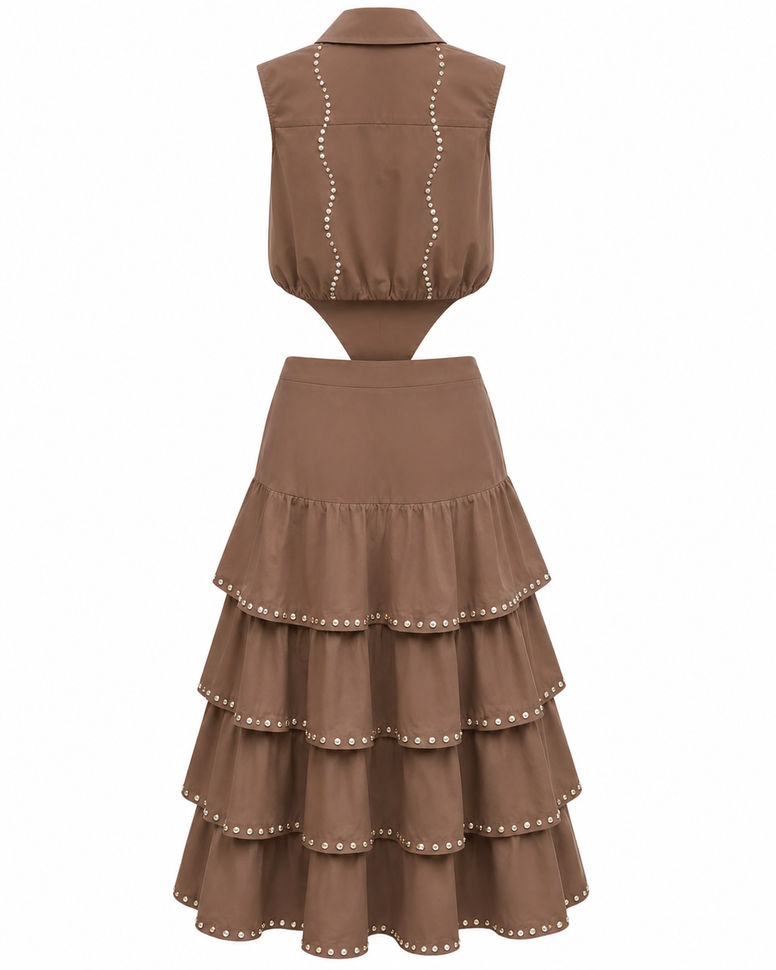 Mocha Taupe Rhinestone Trim Sleeveless Top & Ruffled Tiered Midi Skirt | Matching Co-Ord |  Editors Pick
