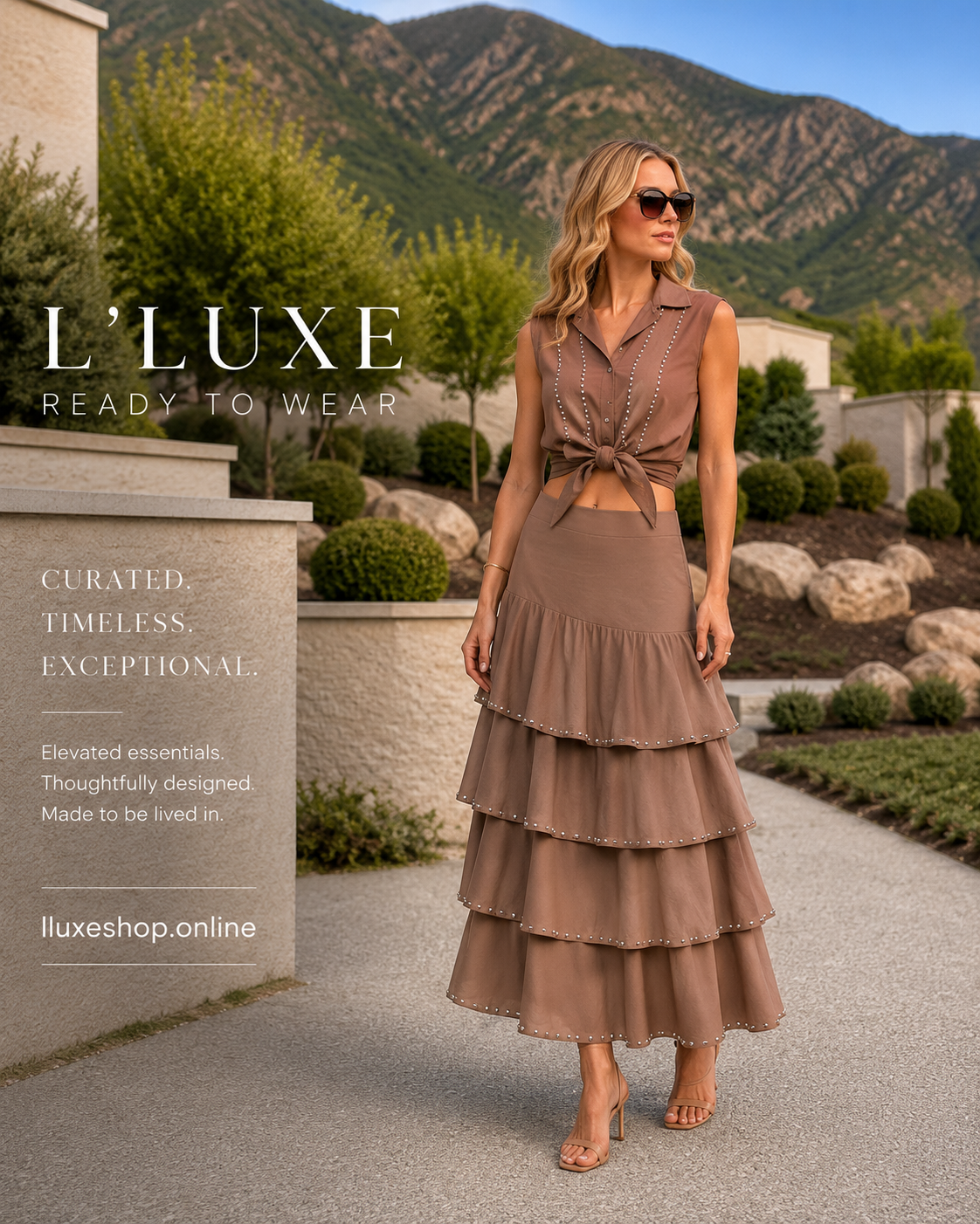 Mocha Taupe Rhinestone Trim Sleeveless Top & Ruffled Tiered Midi Skirt | Matching Co-Ord |  Editors Pick