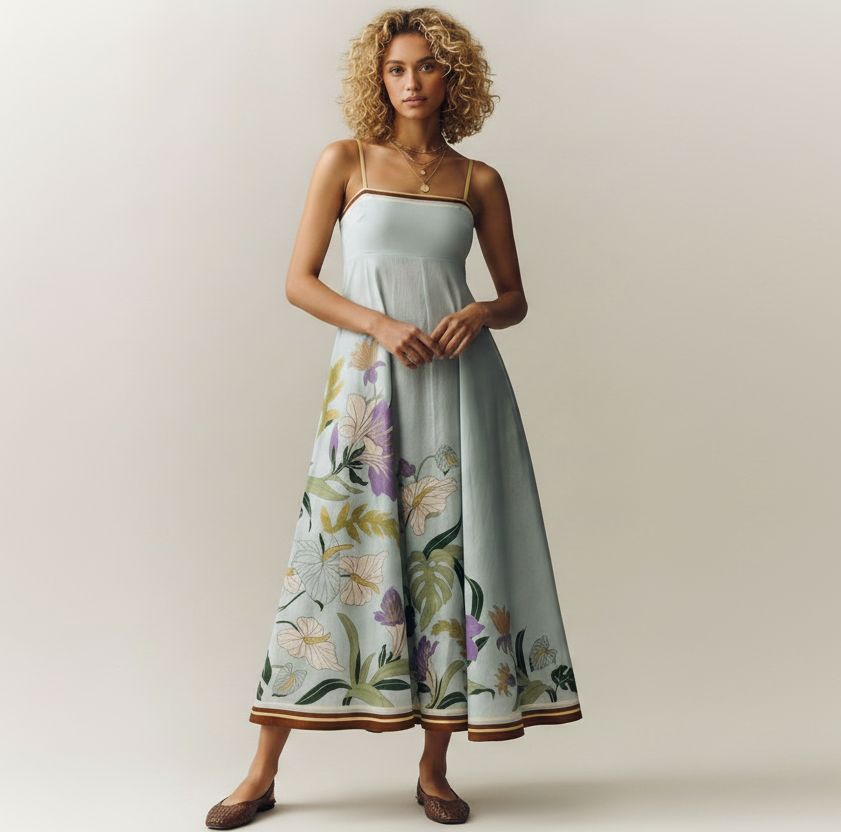 Light Blue Square Neck Floral Linen Camisole Maxi Dress