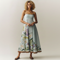 Light Blue Square Neck Floral Linen Camisole Maxi Dress