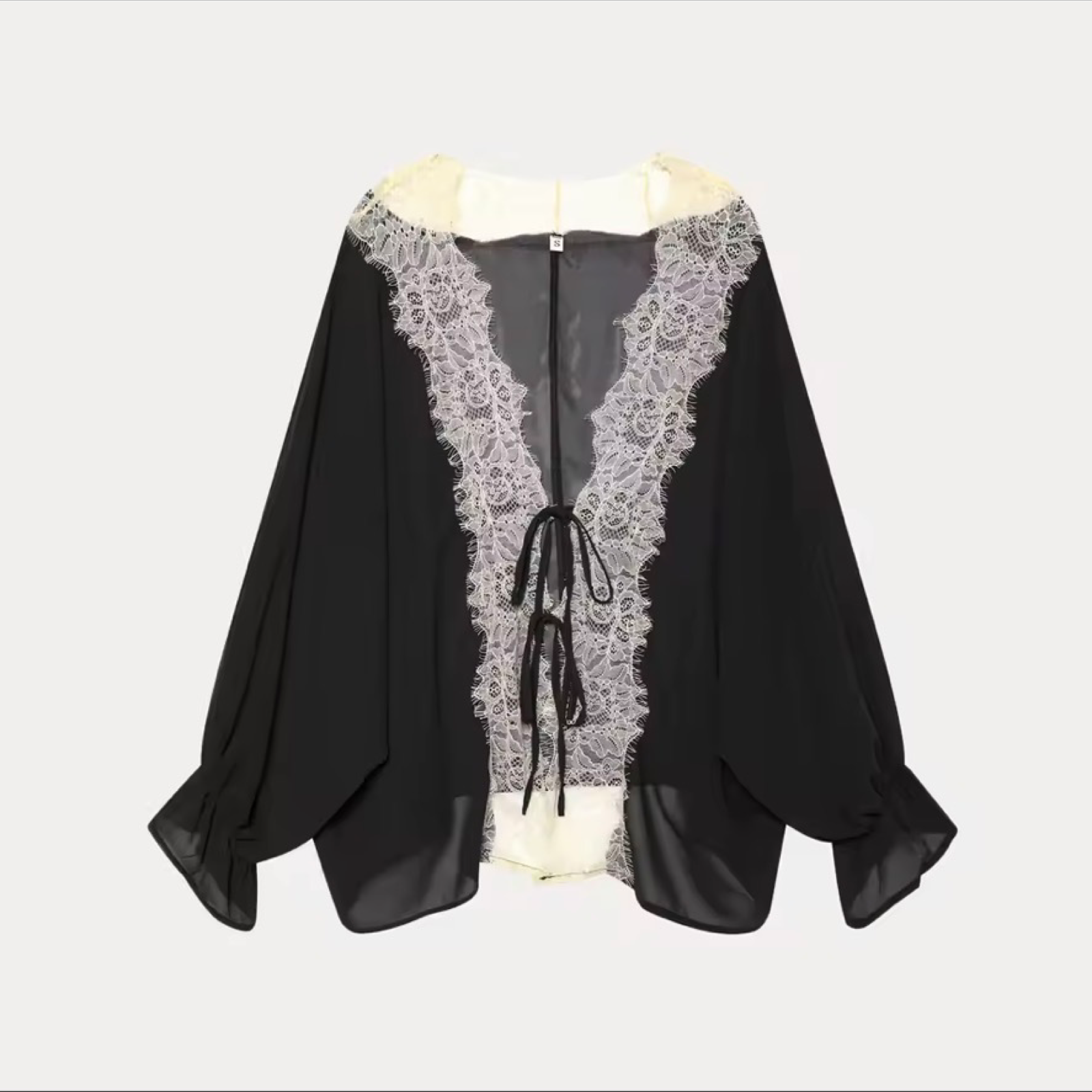 Lace Patchwork Lantern Sleeve Tie-Front Blouse