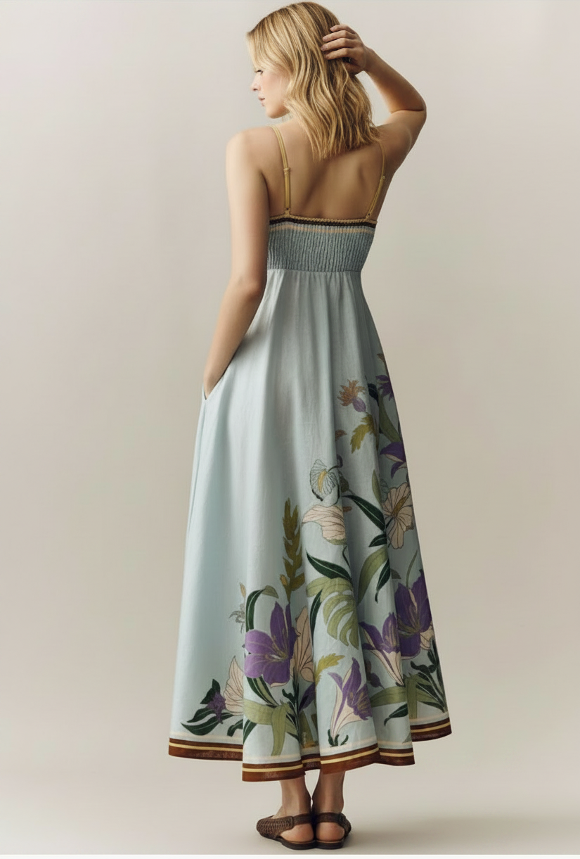 Light Blue Square Neck Floral Linen Camisole Maxi Dress