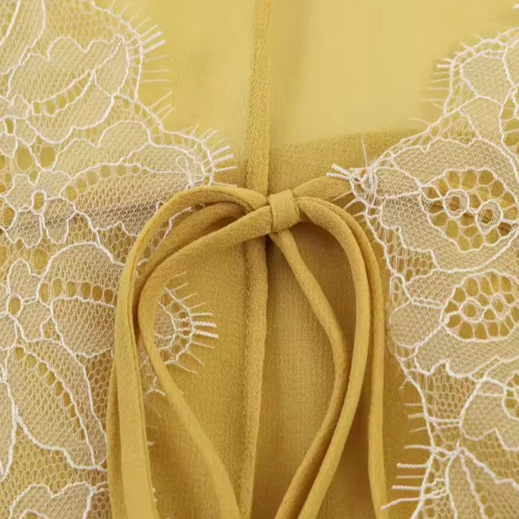 Lace Patchwork Lantern Sleeve Tie-Front Blouse