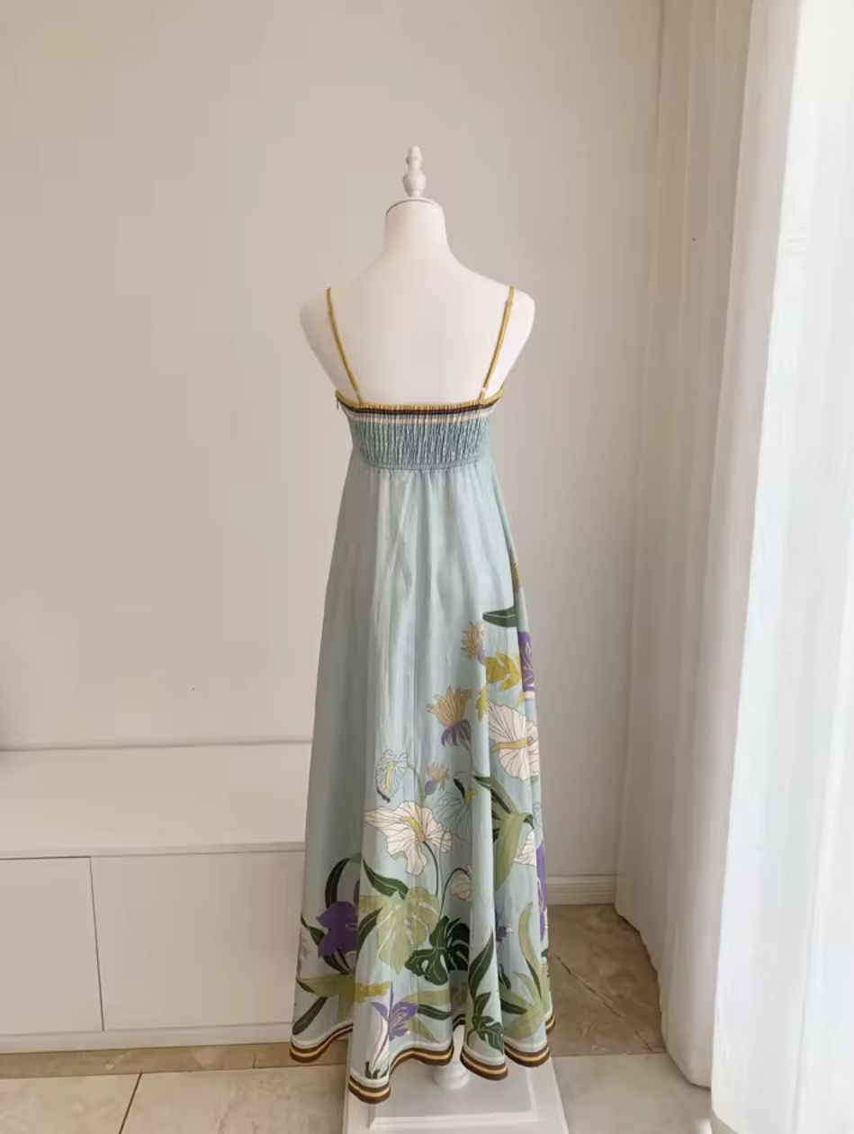 Light Blue Square Neck Floral Linen Camisole Maxi Dress