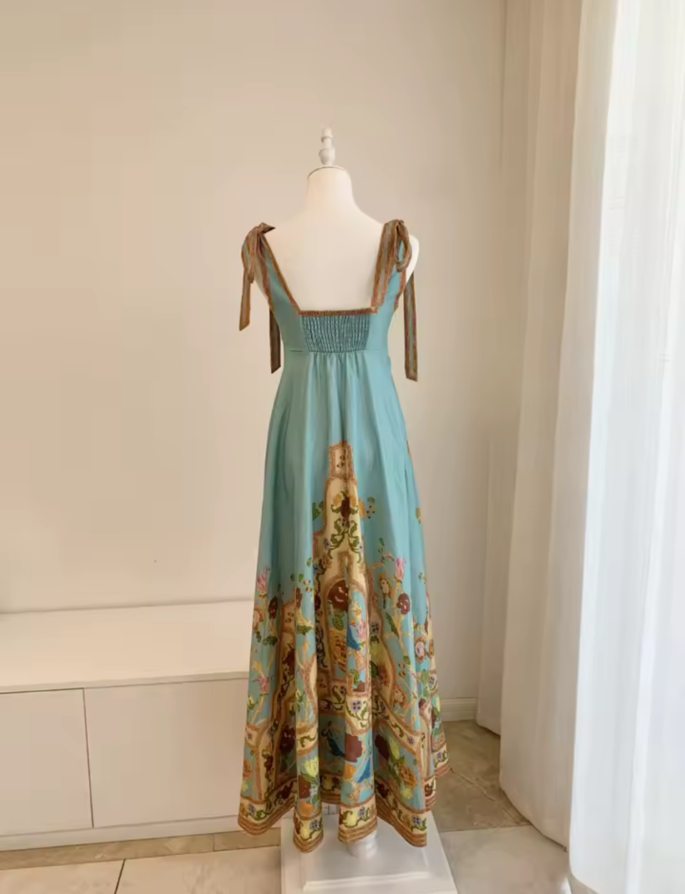 Blue Persian Rose Garden Linen Strap Maxi Dress
