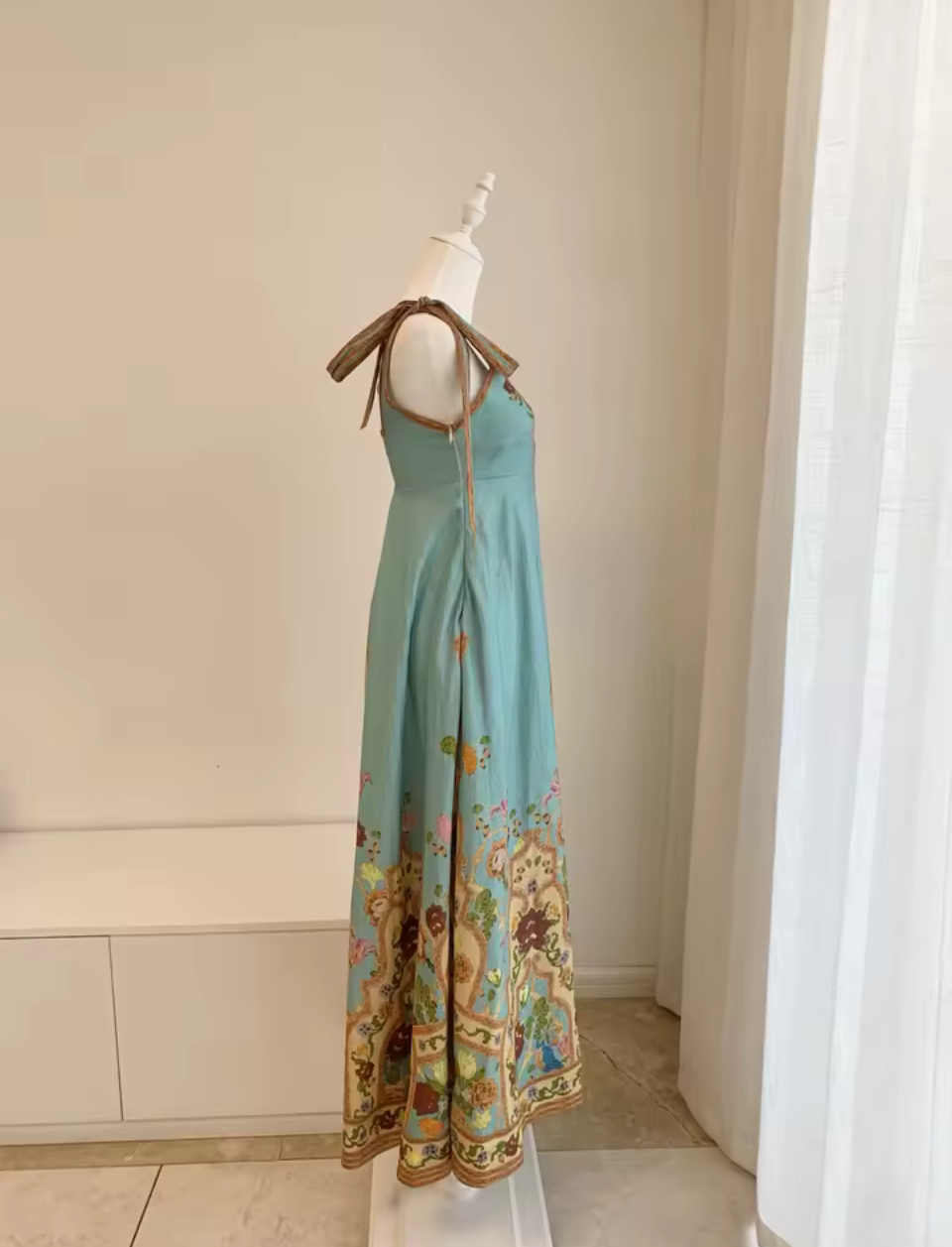 Blue Persian Rose Garden Linen Strap Maxi Dress
