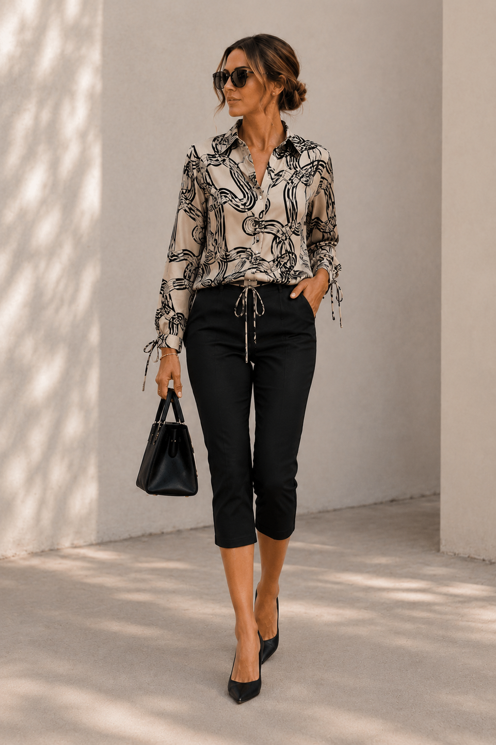 L’LUXE 100% Mulberry Silk Abstract Print Drawstring Blouse