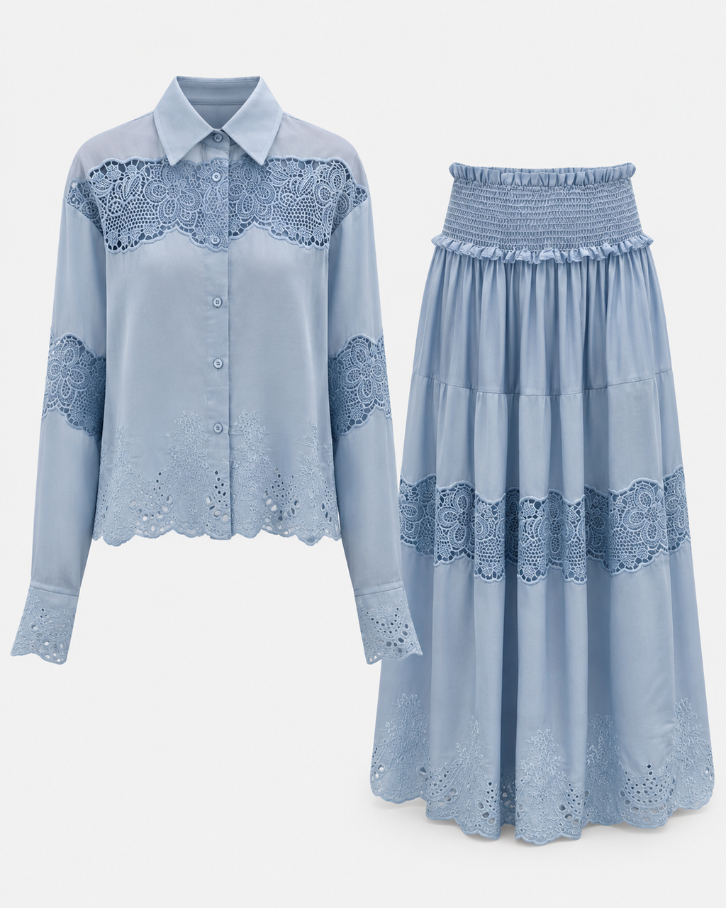 Women’s Blue & White Silk Linen Embroidered Lace Shirt or Pleated Skirt Matching Co-Ord Outfit
