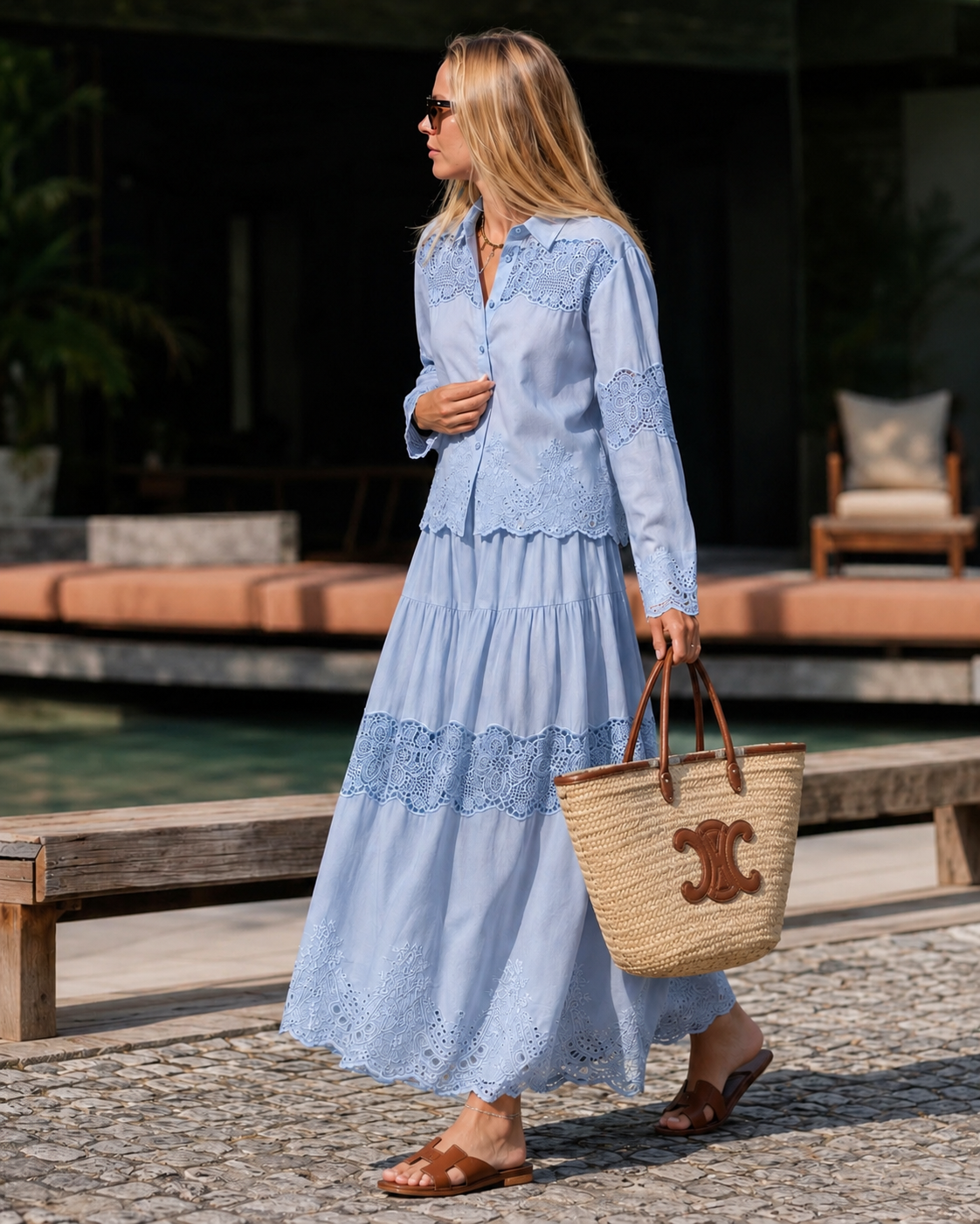 Women’s Blue & White Silk Linen Embroidered Lace Shirt or Pleated Skirt Matching Co-Ord Outfit