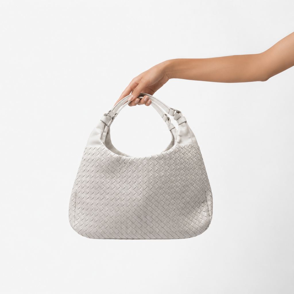 BOTTEGA VENETA Campana Intrecciato Light Grey Leather Shoulder Bag – Authentic Previously Owned