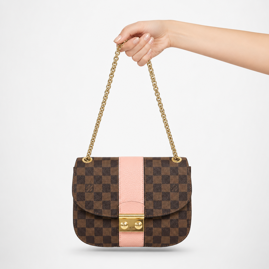 LOUIS VUITTON Damier White W Chain Shoulder Bag in Pink & Brown Damier Canvas –Authentic Previously Owned