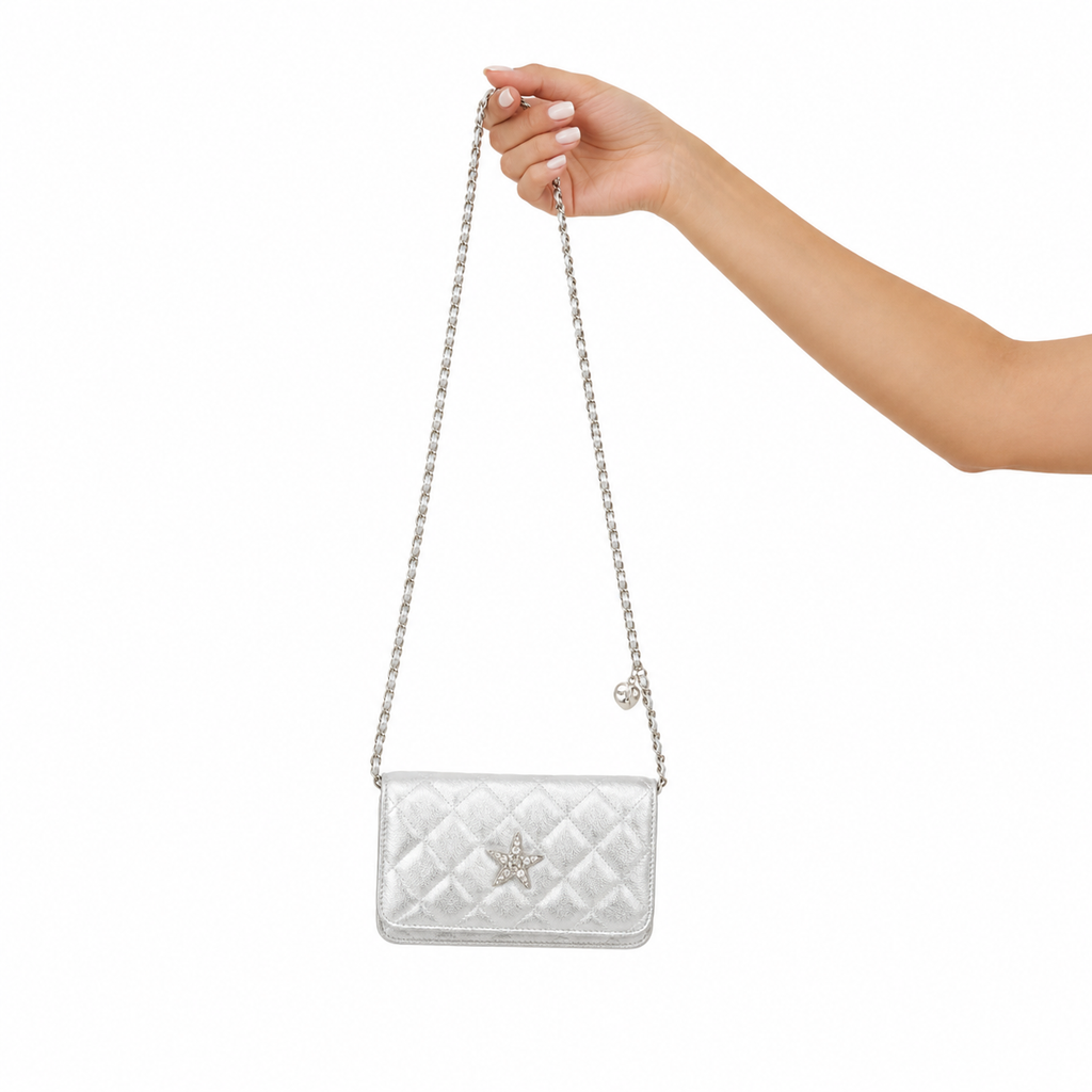 CHANEL Mini Matelassé Coco Mark Chain Crossbody Bag Pouch Silver Leather Authentic Previously Owned