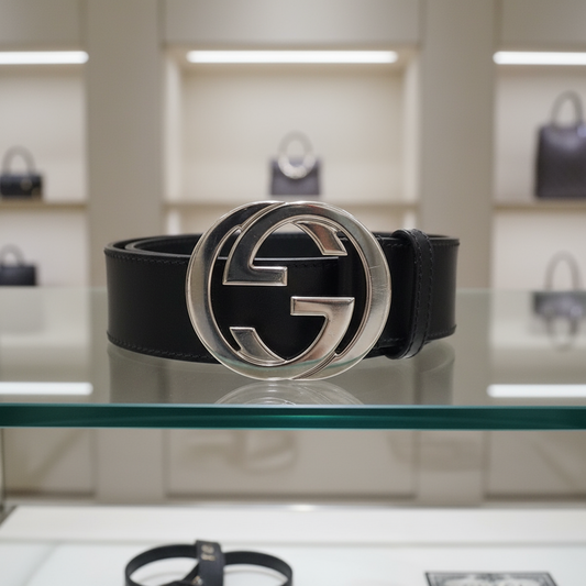 GUCCI – Black Unisex Leather Interlocking Belt – Italy – 100% Authentic ✨Previously Owned Very Good Condition ~29% Off MSRP