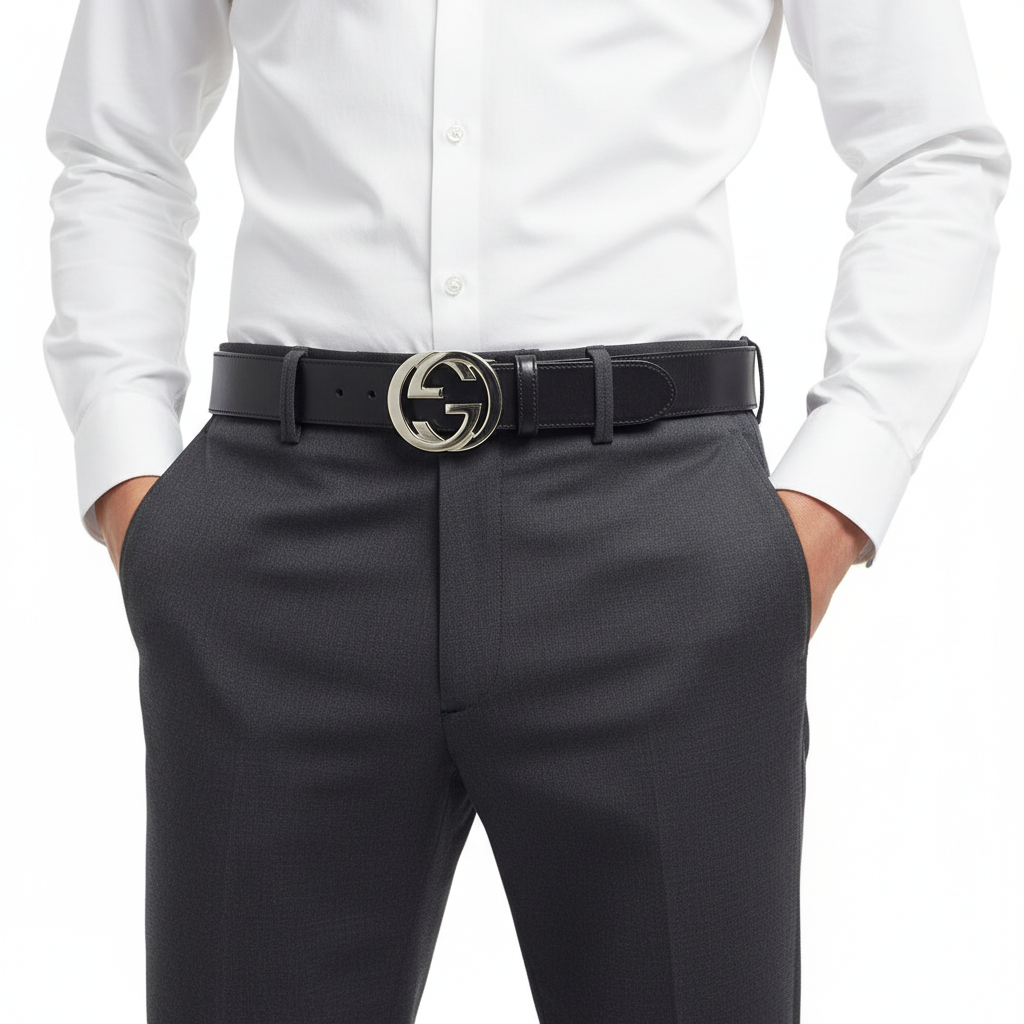 GUCCI – Black Unisex Leather Interlocking Belt – Italy – 100% Authentic ✨Previously Owned Very Good Condition ~29% Off MSRP