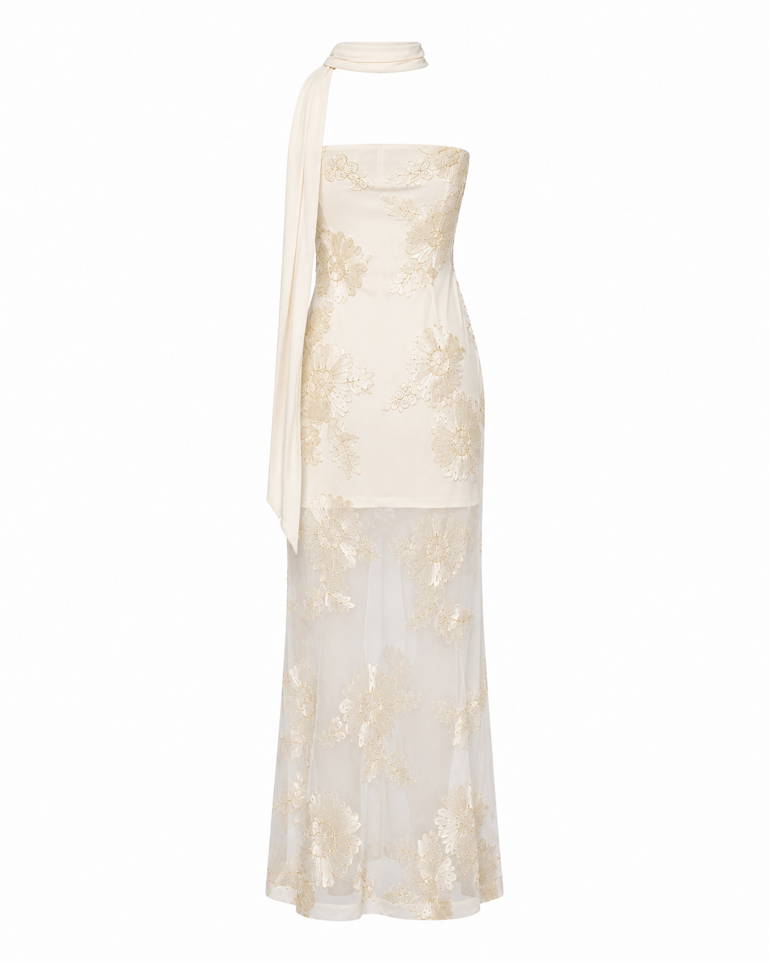 Blue Strapless Embroidered Mesh Maxi Dress with Neck Scarf | Also Comes in Cream