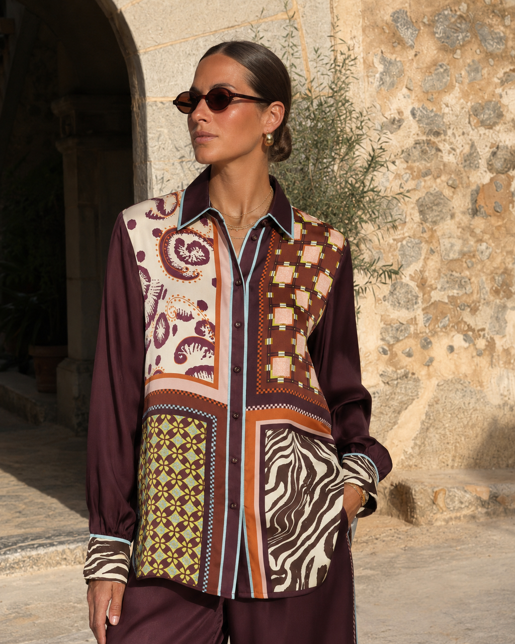 Burgundy Scarf-Print Silk Separates | Top, Shirt or Wide-Leg Pants