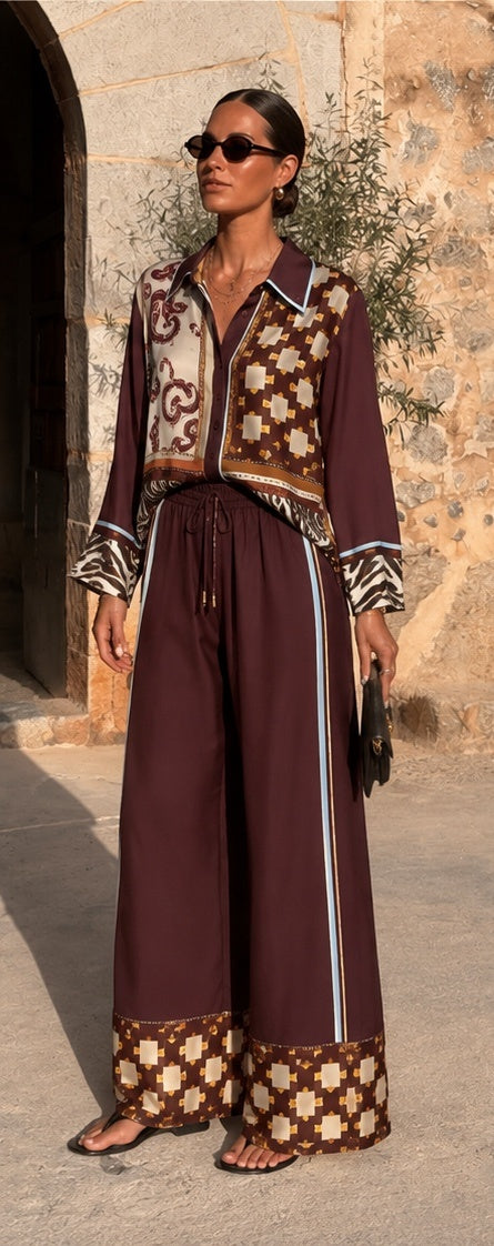 Burgundy Scarf-Print Silk Separates | Top, Shirt or Wide-Leg Pants