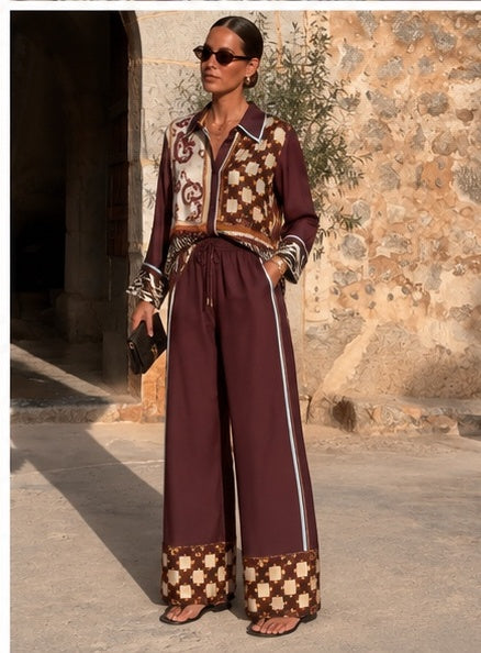 Burgundy Scarf-Print Silk Separates | Top, Shirt or Wide-Leg Pants
