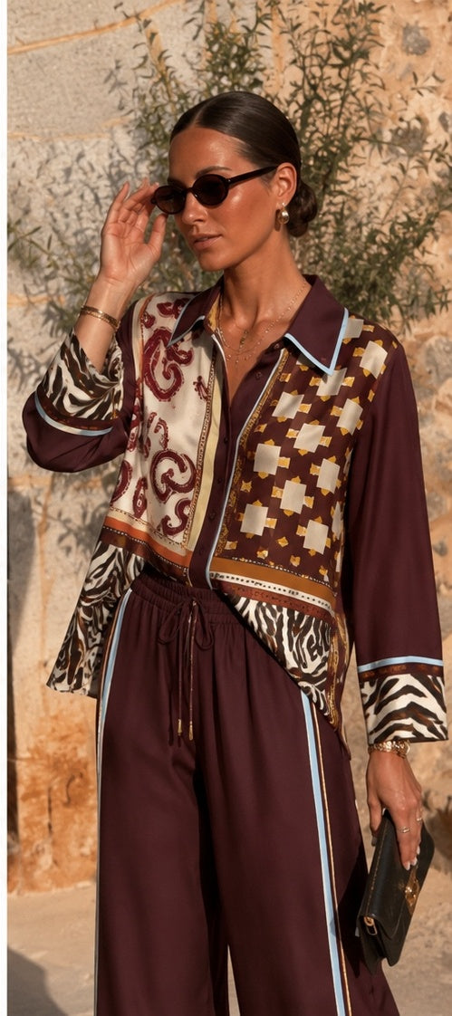 Burgundy Scarf-Print Silk Separates | Top, Shirt or Wide-Leg Pants