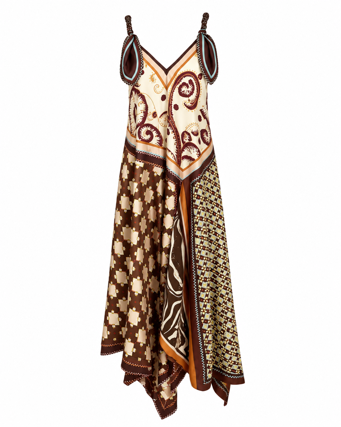Patchwork Printed Silk Sling Dress with Adjustable Tie Straps