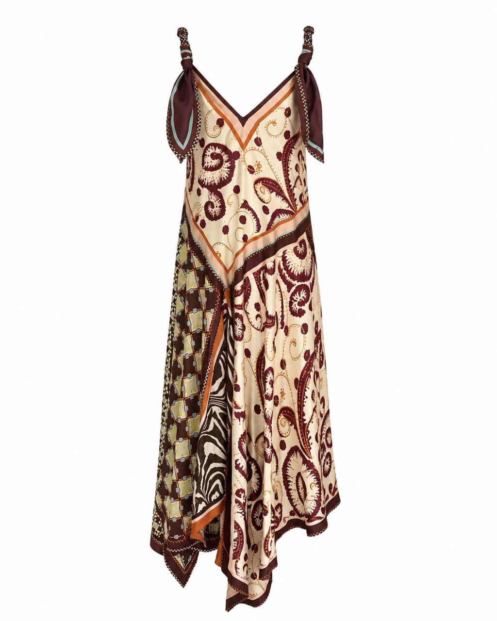 Patchwork Printed Silk Sling Dress with Adjustable Tie Straps