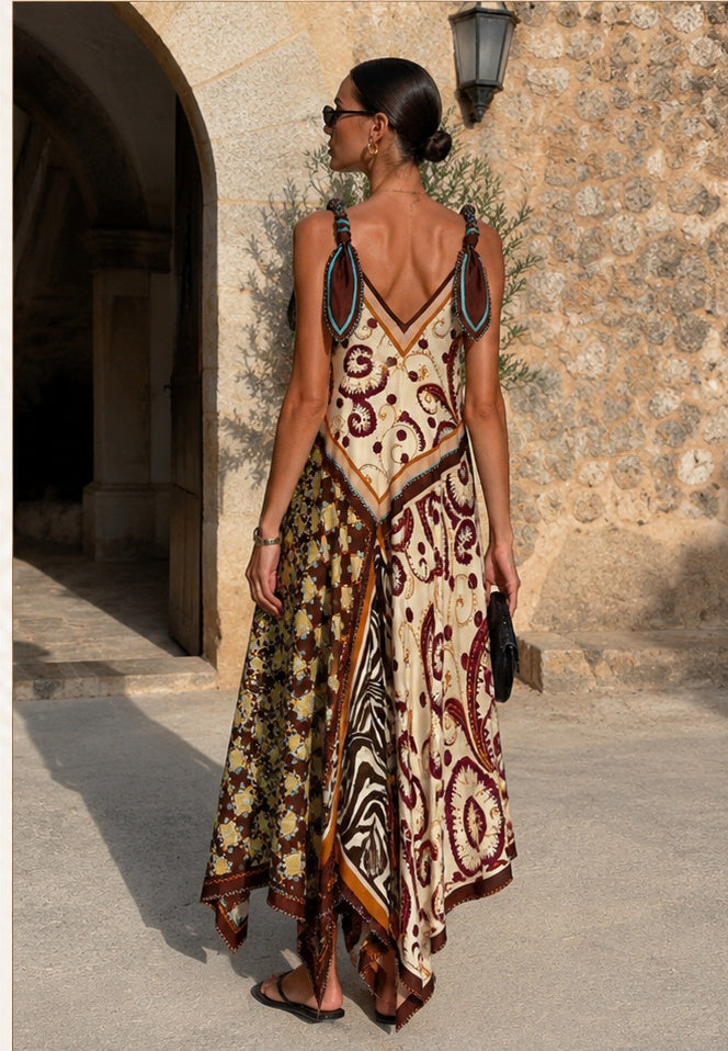 Patchwork Printed Silk Sling Dress with Adjustable Tie Straps