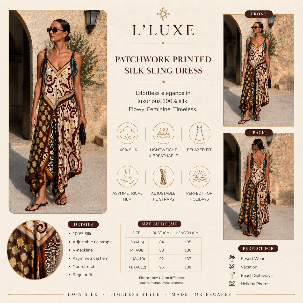 Patchwork Printed Silk Sling Dress with Adjustable Tie Straps