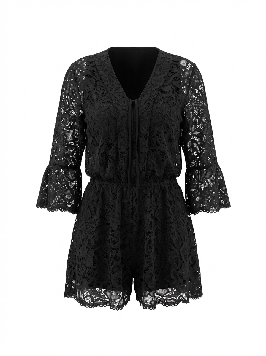 Women’s Lace Two-Piece Set – V-Neck Top & Flowy Shorts, Bell Sleeves, Summer  Outfit