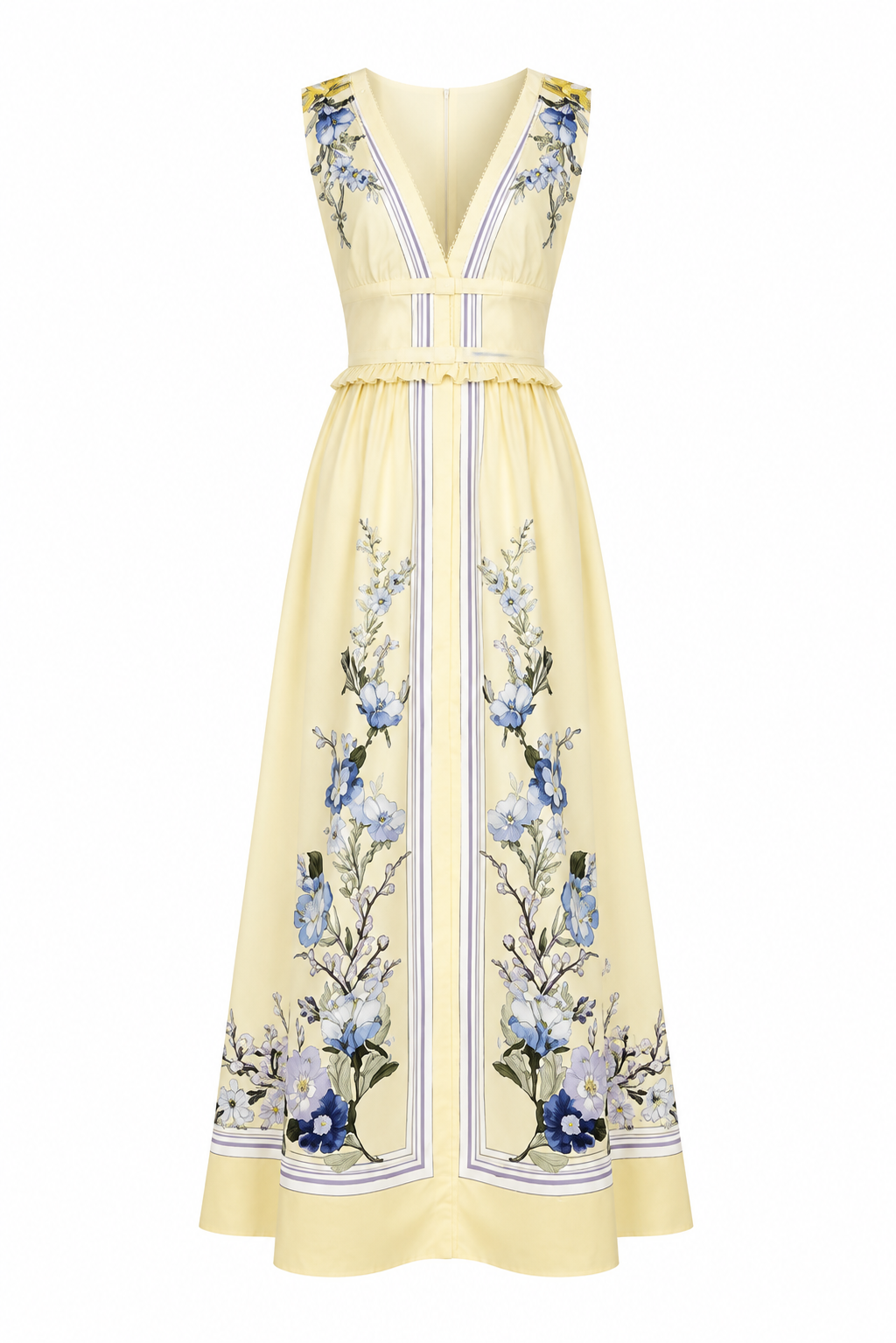 Butter Yellow blue Floral Print Empire Waist Midi Dress | Sleeveless V-Neck A-Line Dress