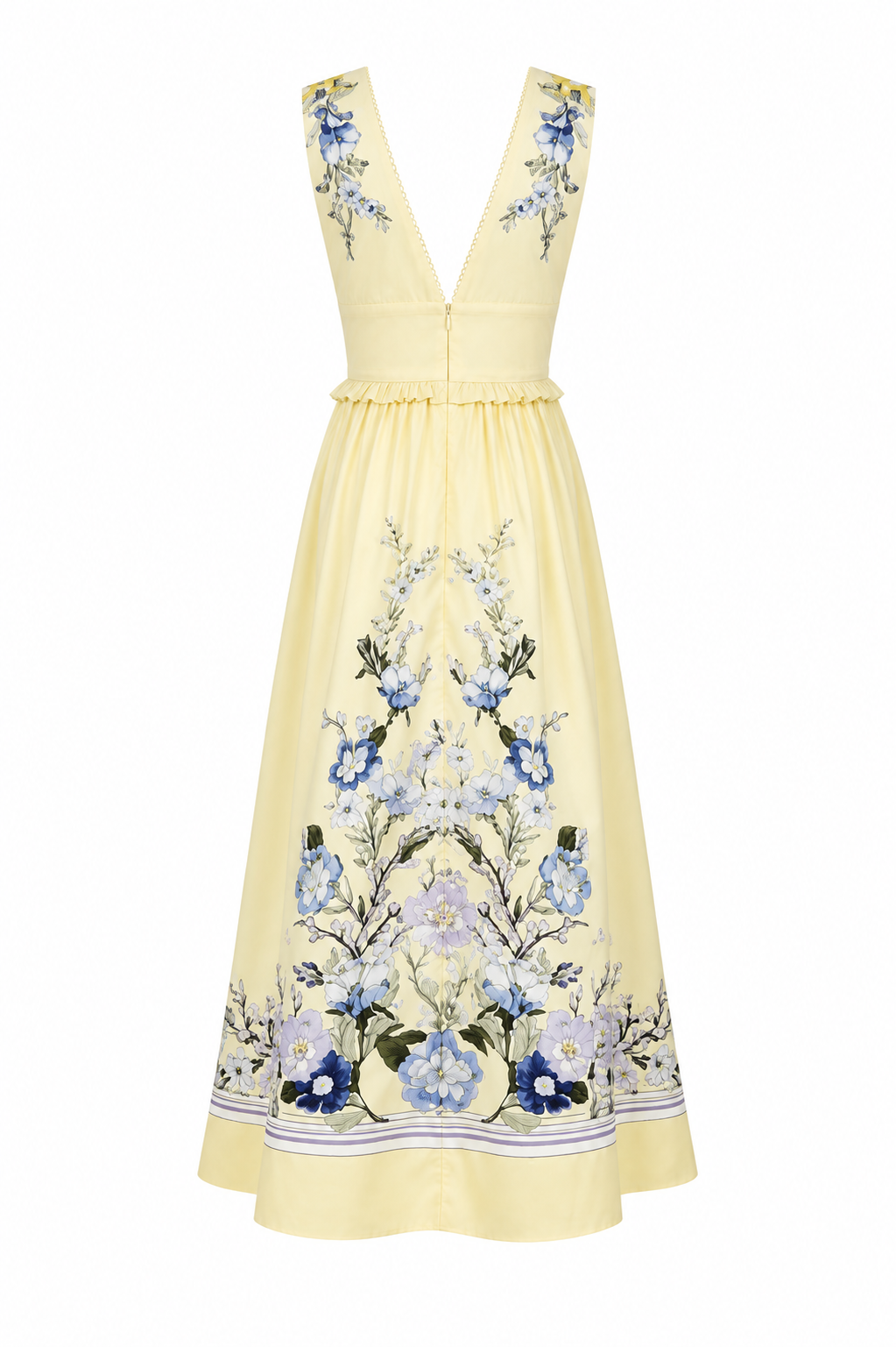 Butter Yellow blue Floral Print Empire Waist Midi Dress | Sleeveless V-Neck A-Line Dress