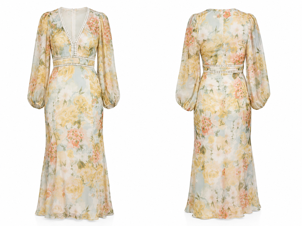 Woman’s Floral V-Neck Chiffon Midi Dress