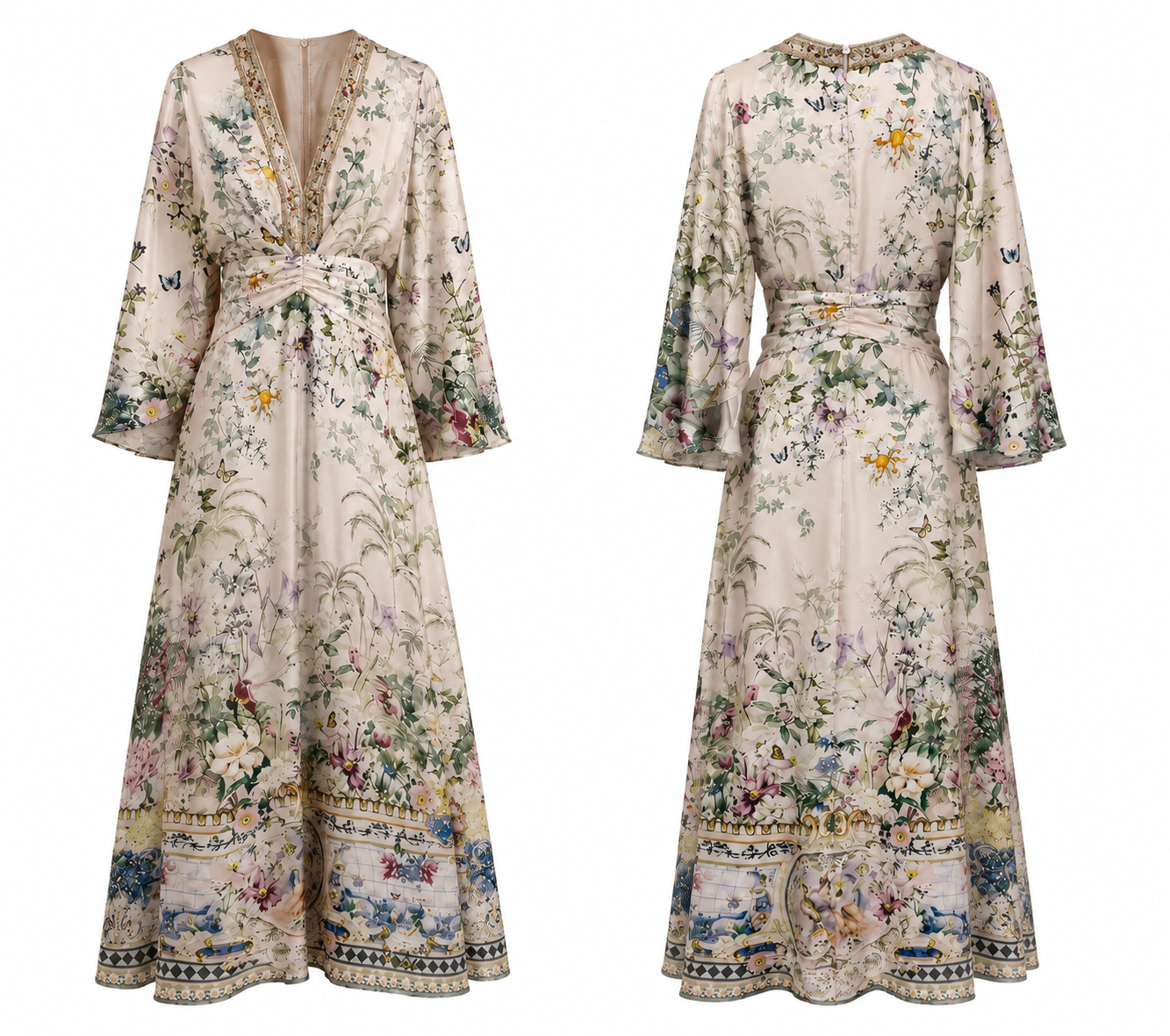 Woman’s Garden Floral Silk Maxi Dress – V-Neck Batwing Sleeve A-Line Gown – Ivory Multi Print