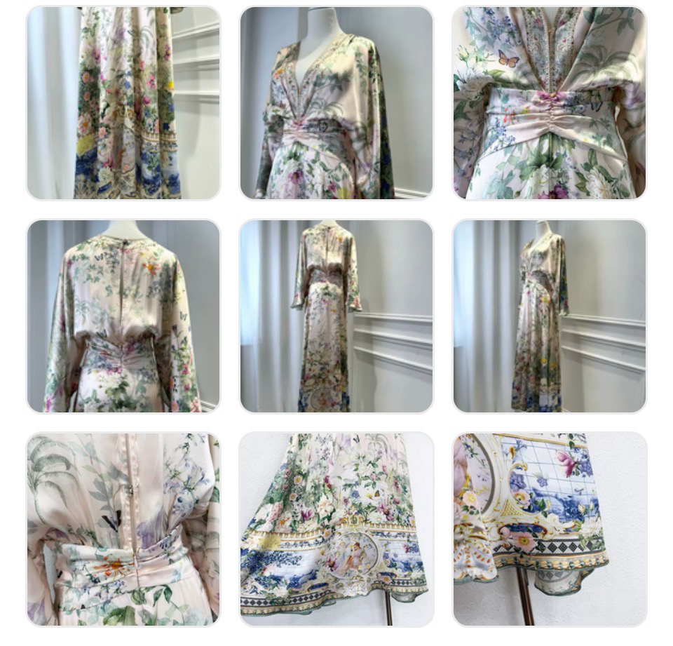 Woman’s Garden Floral Silk Maxi Dress – V-Neck Batwing Sleeve A-Line Gown – Ivory Multi Print
