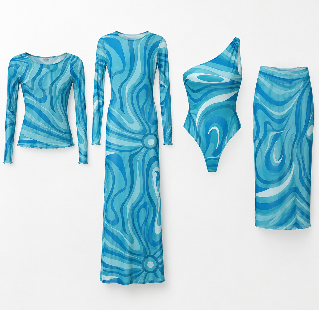 Aqua Paisley Resort Collection – Maxi Dress, Mesh Top, Midi Skirt & the One-Shoulder Swimsuit