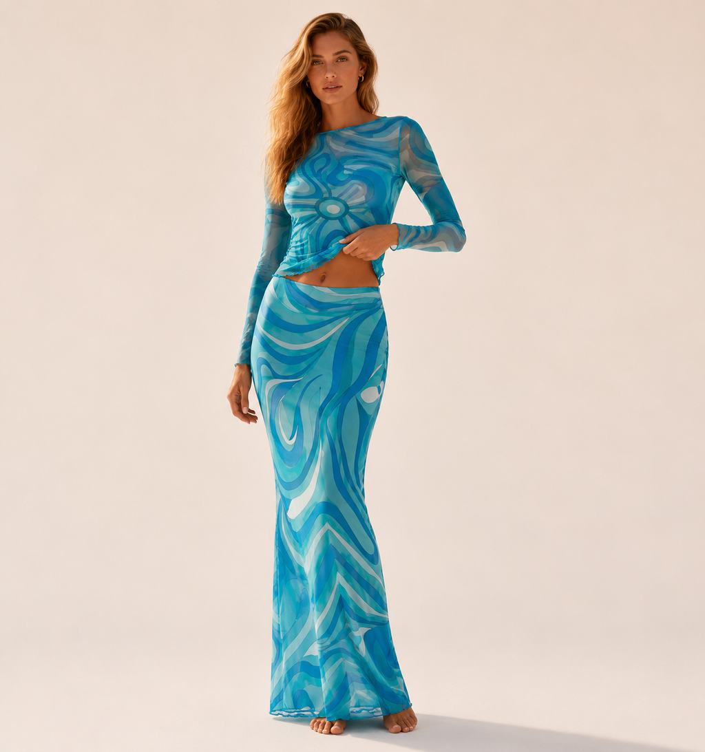 Aqua Paisley Resort Collection – Maxi Dress, Mesh Top, Midi Skirt & the One-Shoulder Swimsuit