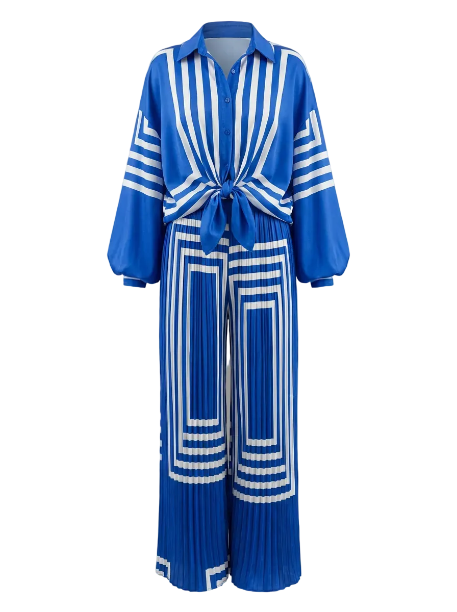 Blue Striped Shirt & Wide-Leg Pleated Pants XL Set *Last Chance*