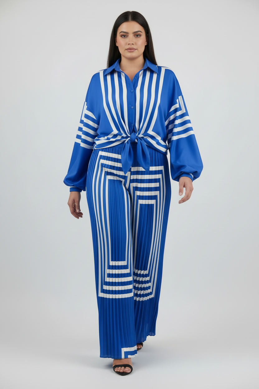 Blue Striped Shirt & Wide-Leg Pleated Pants XL Set *Last Chance*
