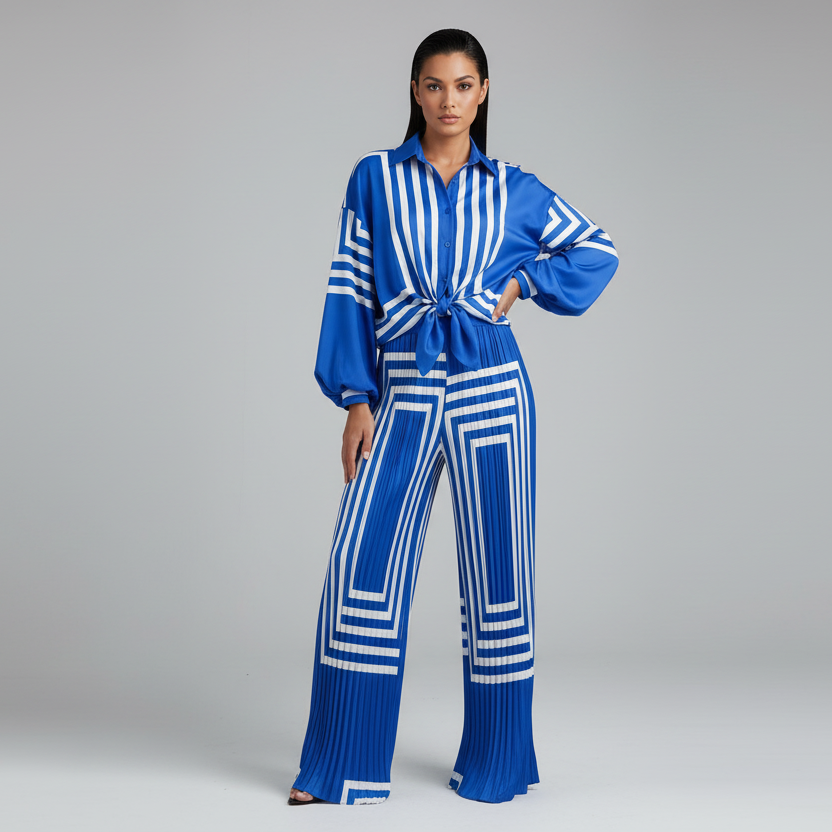 Blue Striped Two-Piece Set – Relaxed Shirt & Wide-Leg Pleated Pants