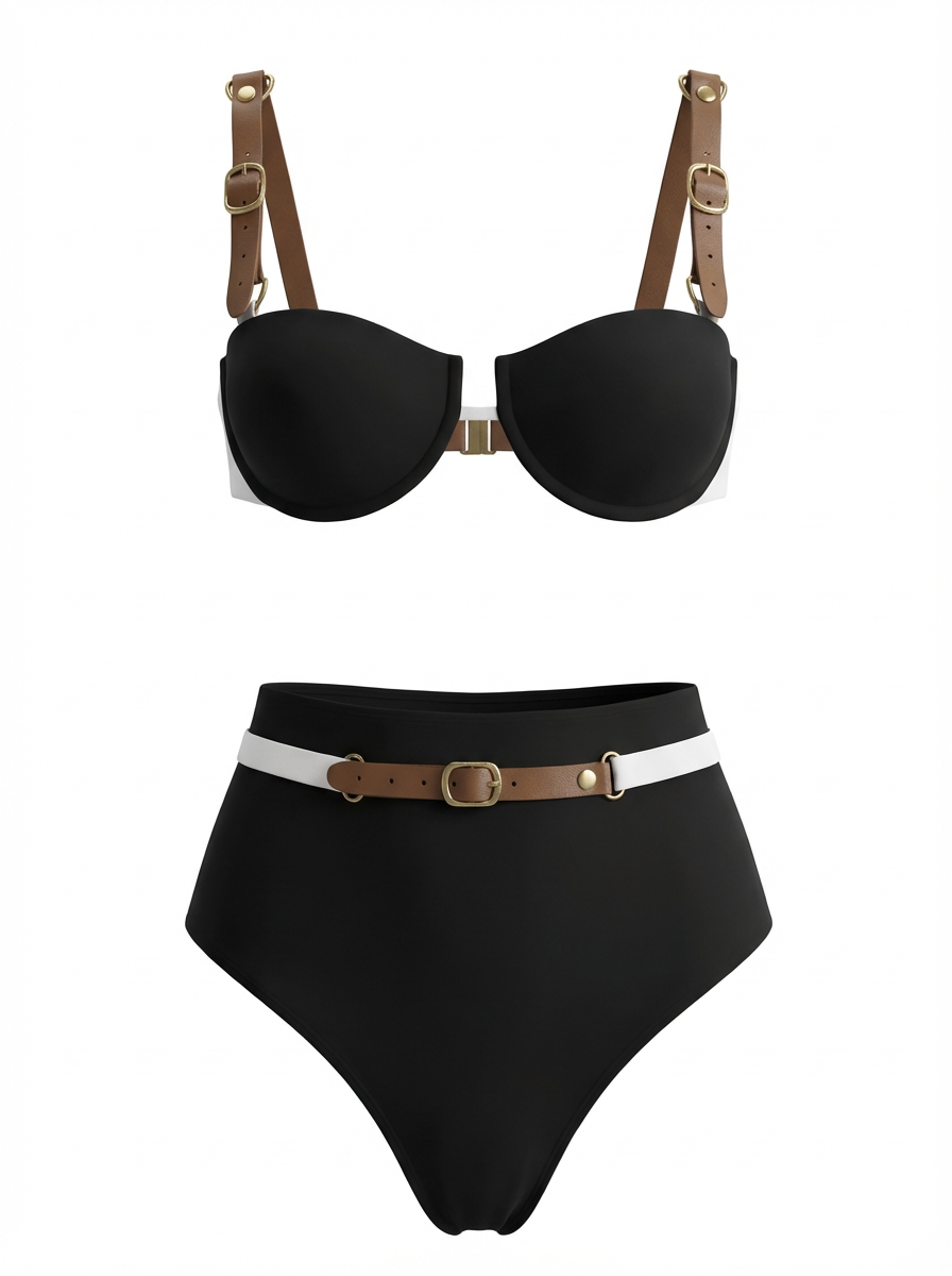 Luxury Denim-Effect Corset Bikini Set | High-Waist Belted Swimsuit | Beachwear 2026