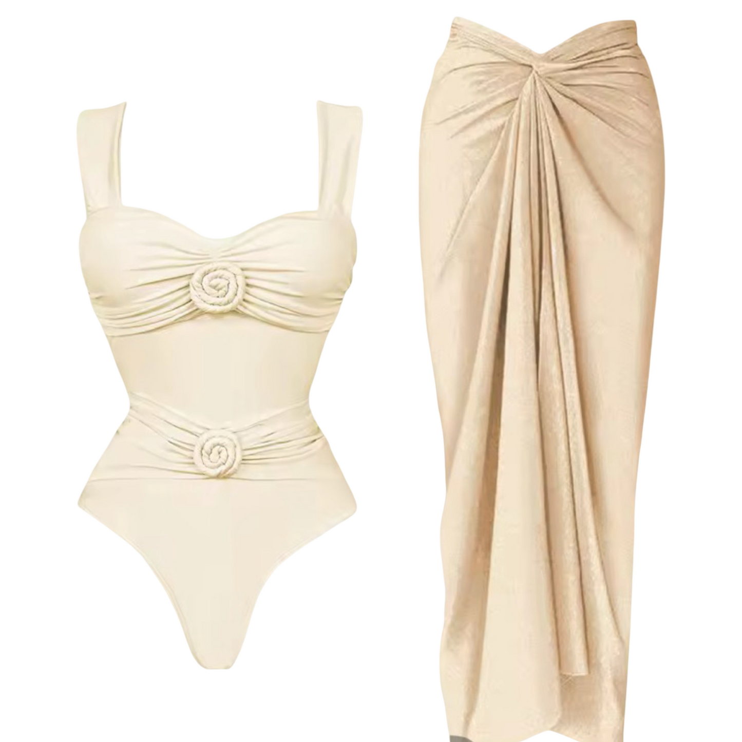 Flower One-Piece Swimsuit with Sarong – Push-Up Deep V Women’s Swimwear Set