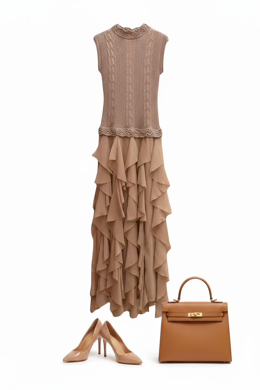 Knit & Ruffle Layered Midi Dress
