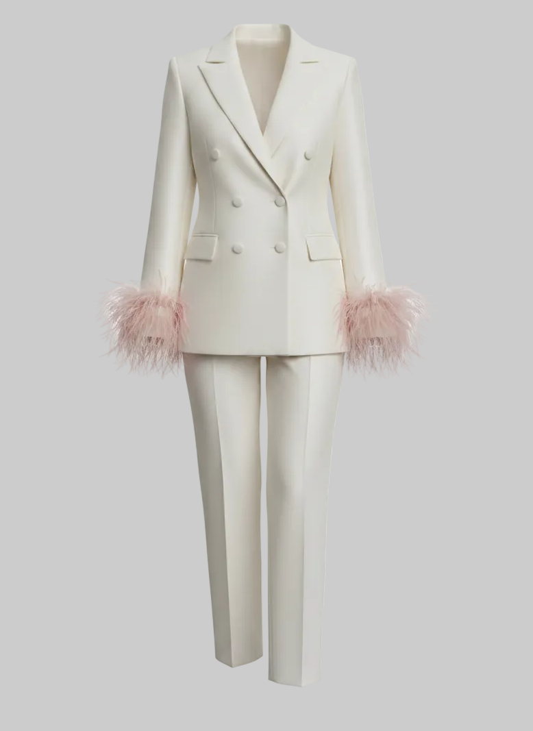 Ivory Double-Breasted Feather Cuff Suit Set