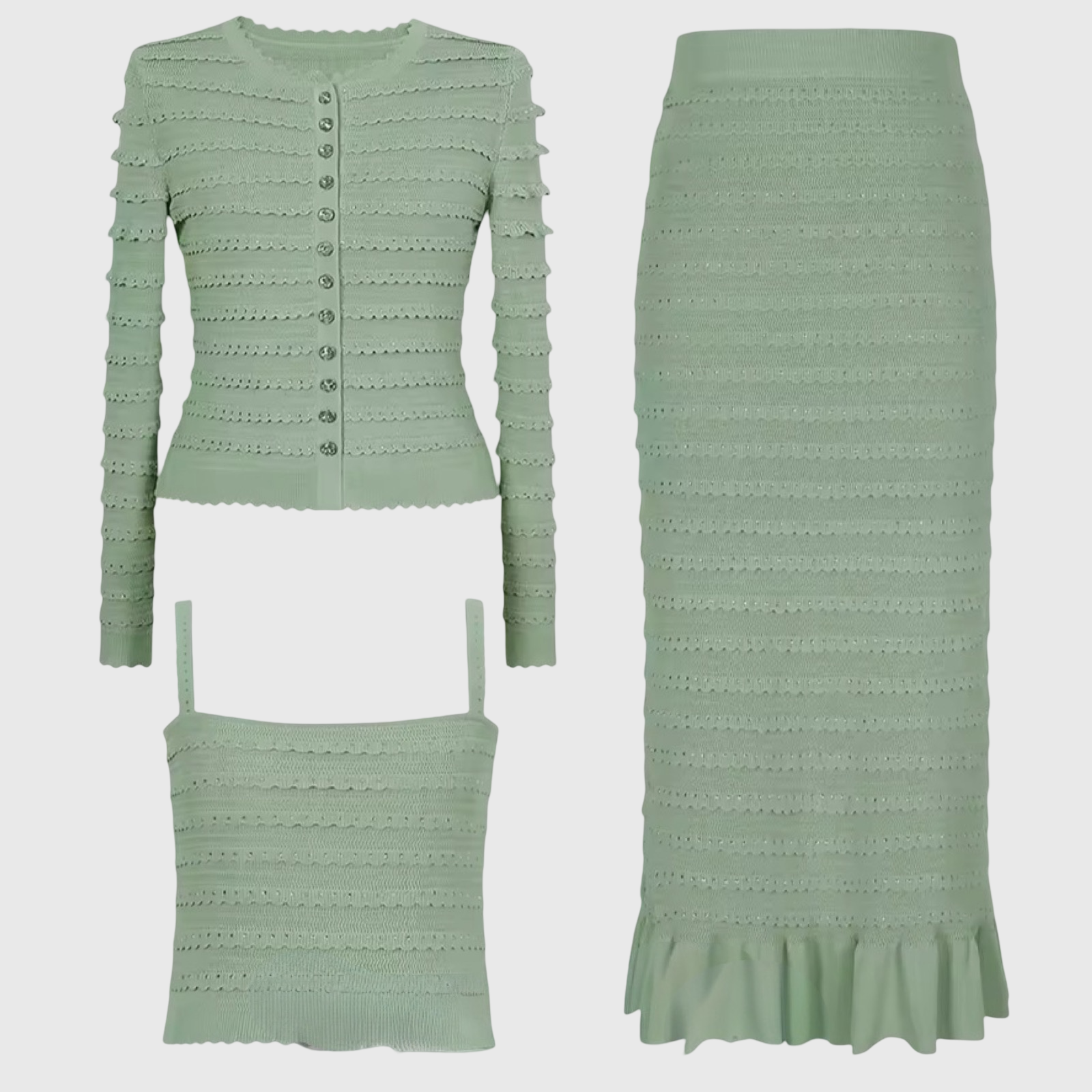 Three-Piece Knit Cardigan Camisole & Midi Skirt Set
