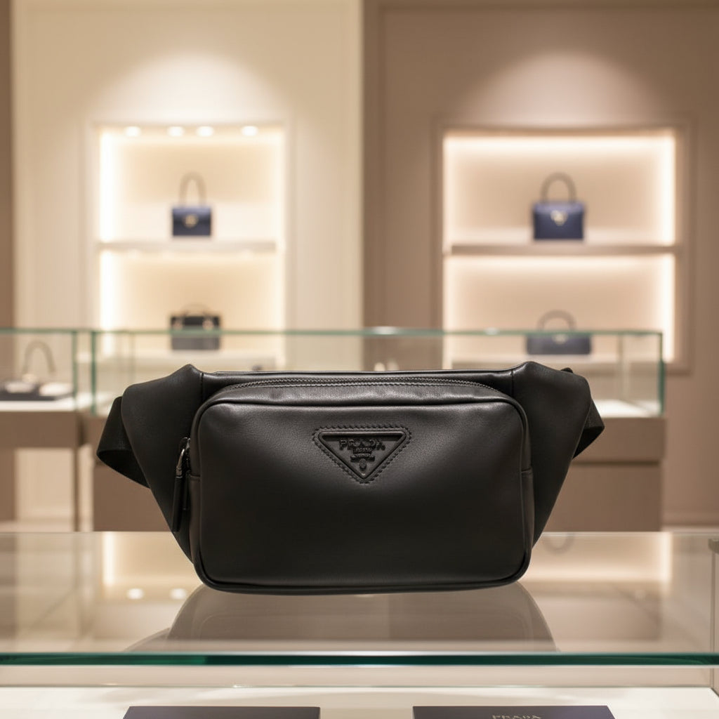 Black Prada waist bag on a white background