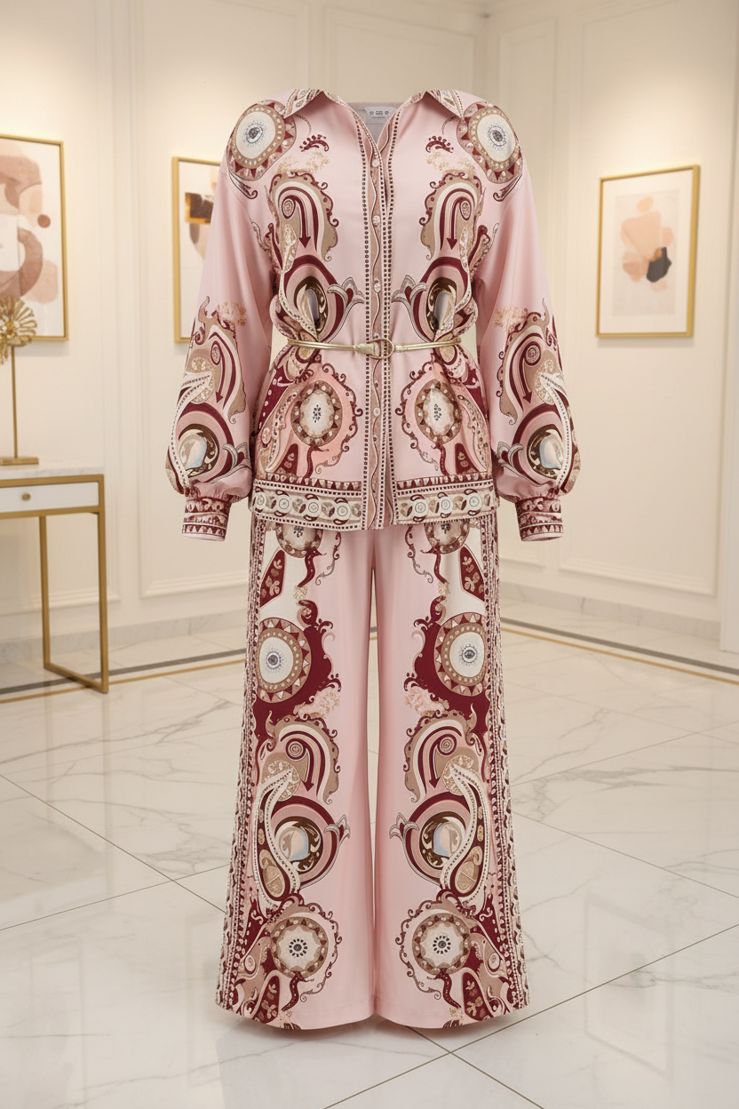 European-Inspired Printed Shirt & Wide-Leg Pants XL | Last Chance ships on 1-2 days