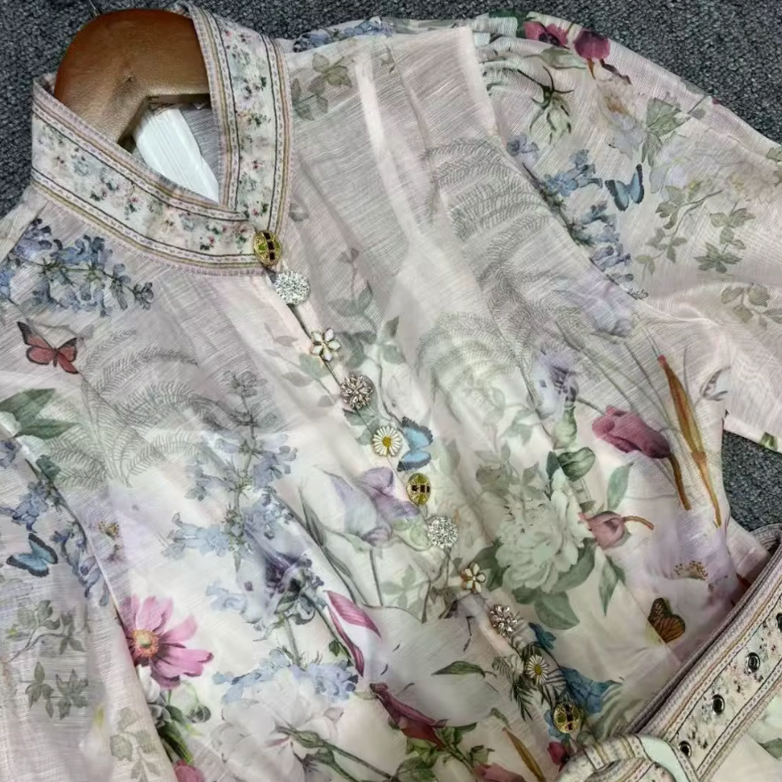 Zimmermann-Inspired Floral Print Belted Chiffon Mini Dress with Long Lantern Sleeves